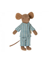 Maileg 17-3201-01 Grand frère souris brune avec pyjamas bleu ligné blanc dans sa boîte d'allumette - Maileg vendu par Veille sur toi