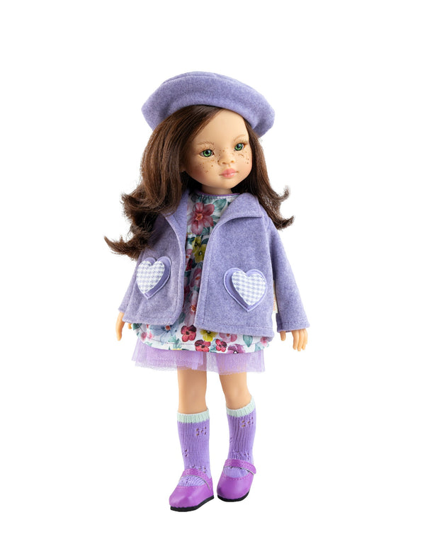 Poupée Las Amigas - Sofia - Robe à fleurs, manteau, béret, chaussettes et chaussures lilas - Paola Reina