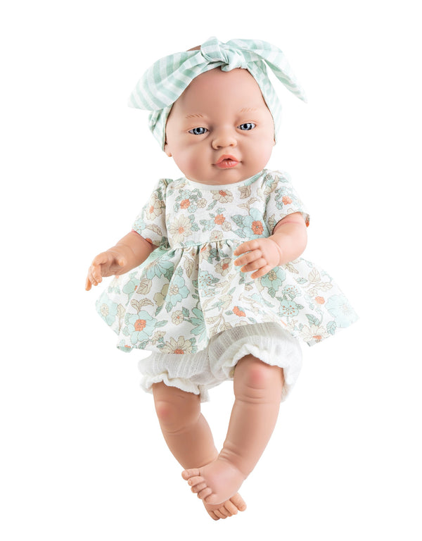 Poupée Los Bebitos - Bébé fille avec robe florale turquoise et bandeau ligné - Paola Reina