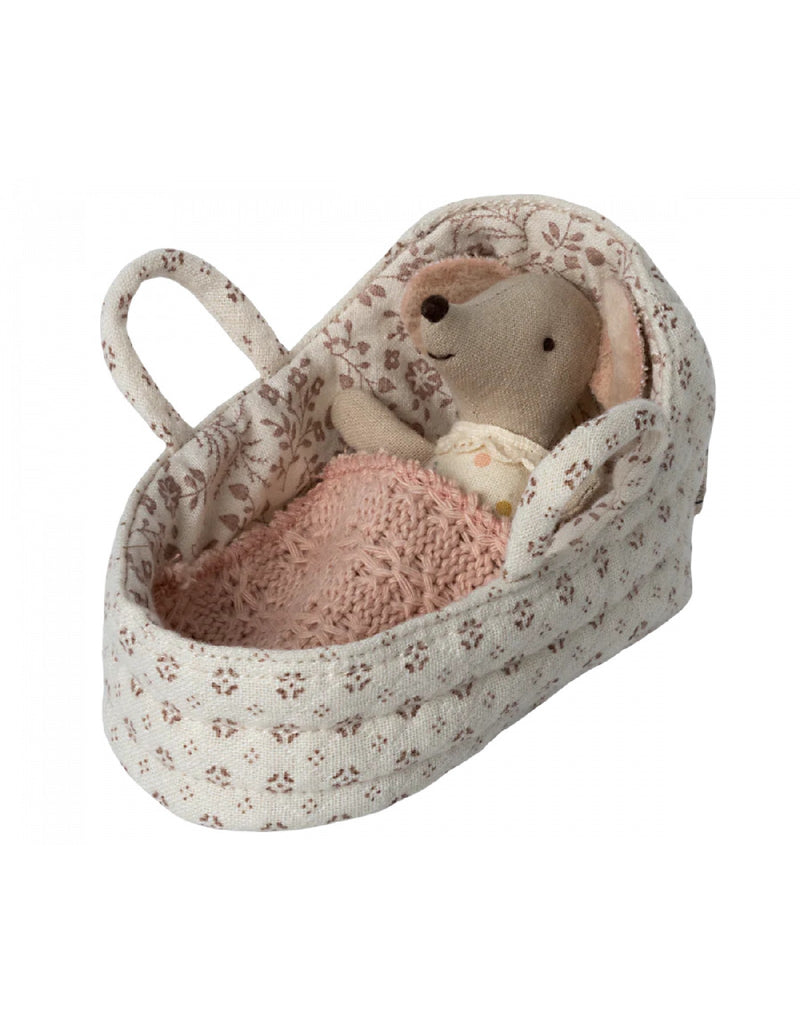 Cream / pink flower carry cot and pink blanket for baby mouse - Maileg