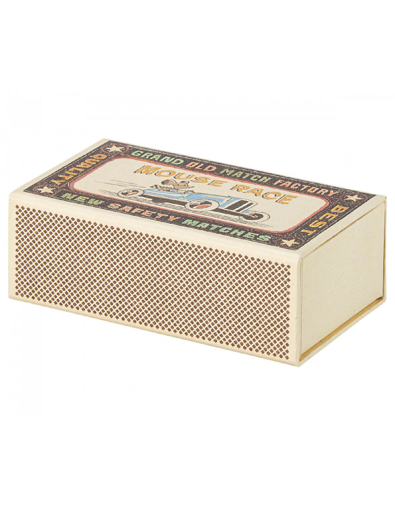 Big brother brown mouse with blue lined white pajamas in his matchbox - Maileg