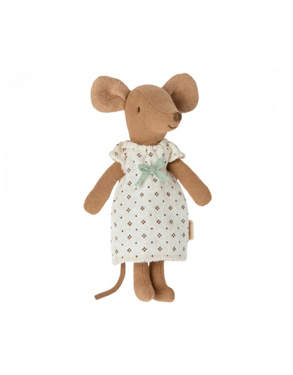 Big sister brown mouse, white nightgown in her matchbox - Maileg