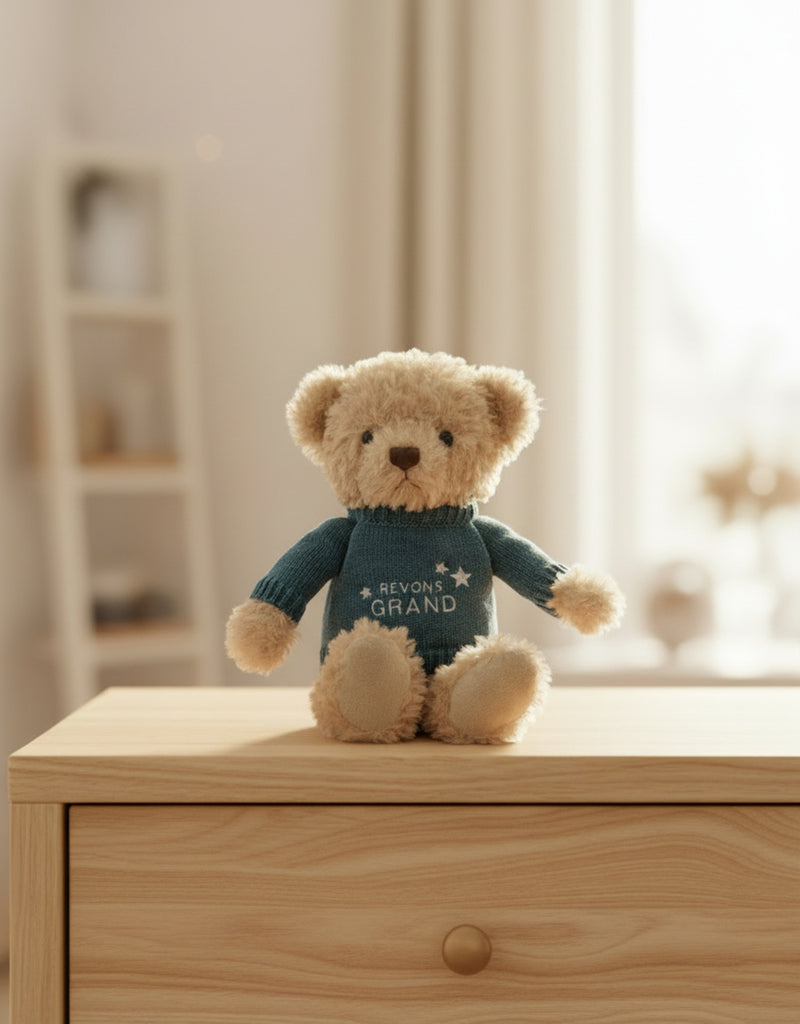 Peluche Arthur l'ours avec son chandail Rêvons Grand - Veille sur toi x Dream Big