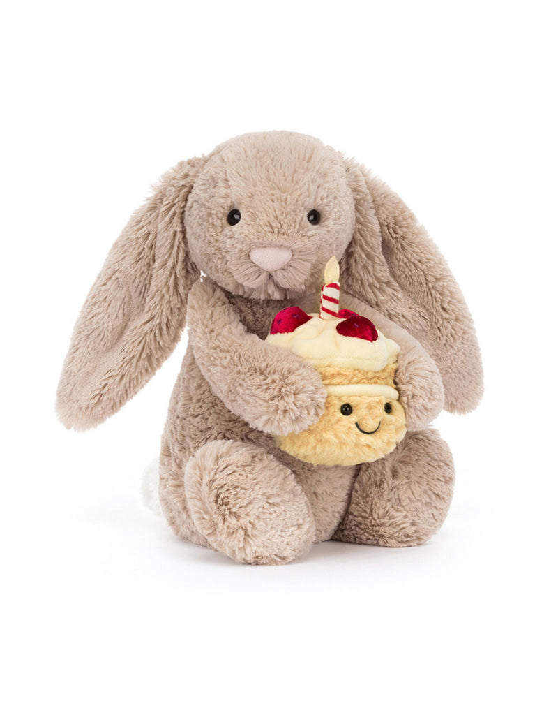Peluche ultra douce de lapin bashful beige avec un gâteau d'anniversaire - Jellycat | Veille sur toi