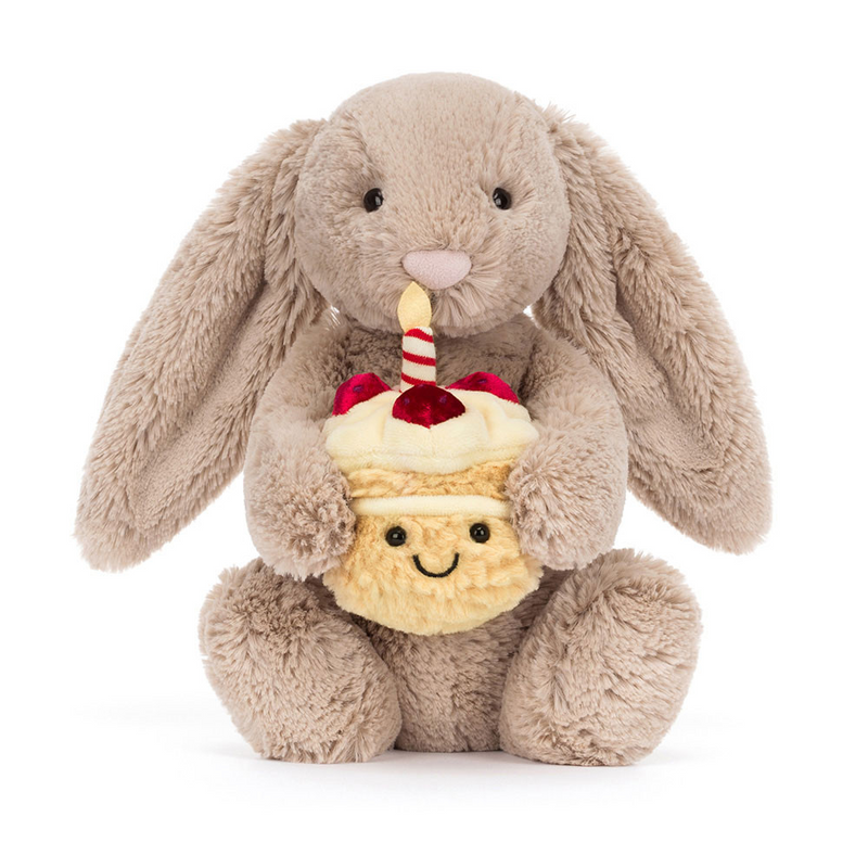 Peluche - Lapin Bashful beige avec gâteau d'anniversaire - Jellycat