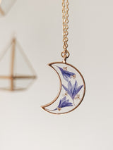 Collier de fleurs séchées - Lune dorée avec Fleurs bleues - Petitefleur