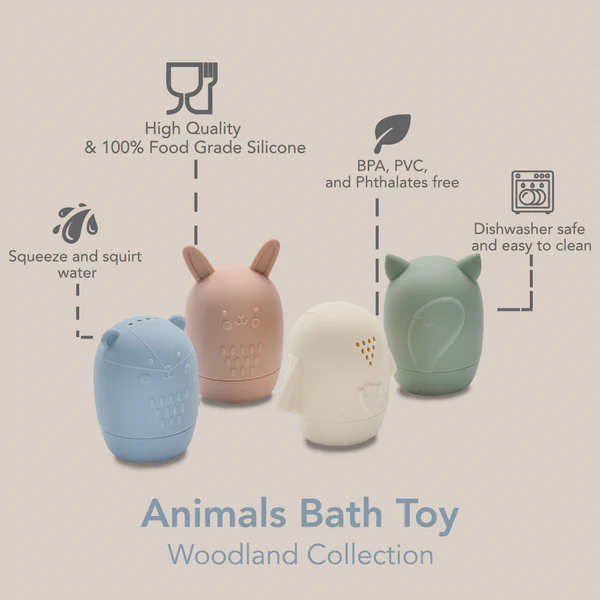 Jouet de bain animaux en silicone - Rose/Sable/Feuille/Bleu - Noüka
