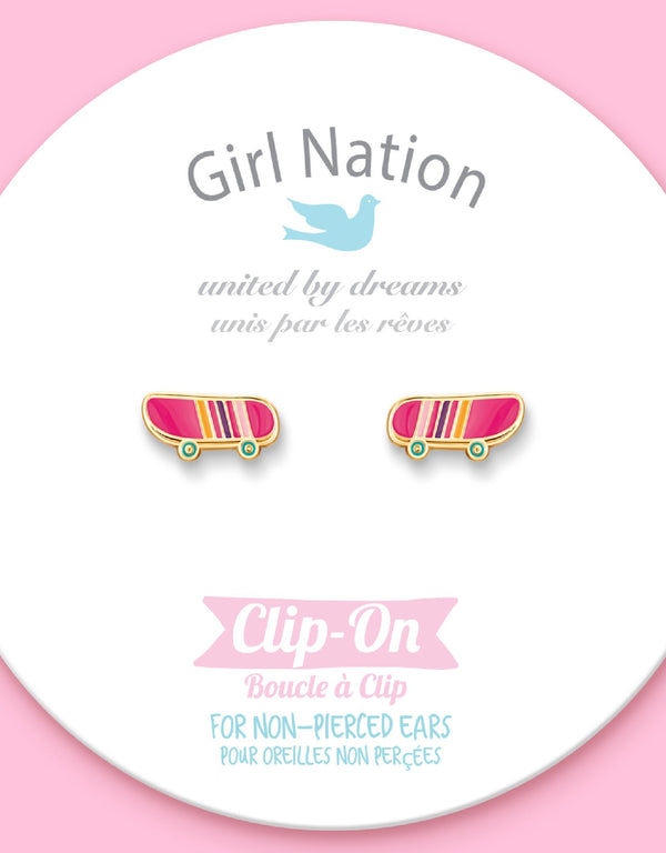 Boucles d'oreilles à clip en émail - Planche à roulettes - Girl Nation