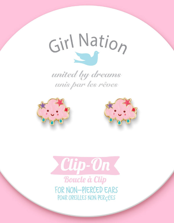Boucles d'oreilles à clip en émail - Nuage rose avec étoiles - Girl Nation