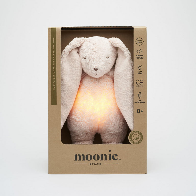 Peluche Sonore en Coton Biologique avec Veilleuse 2.0 - Lapin Rose - Moonie