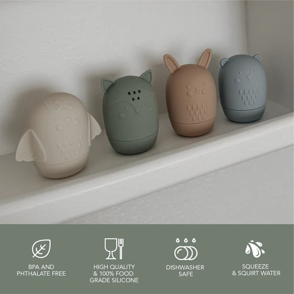 Jouet de bain animaux en silicone - Rose/Sable/Feuille/Bleu - Noüka