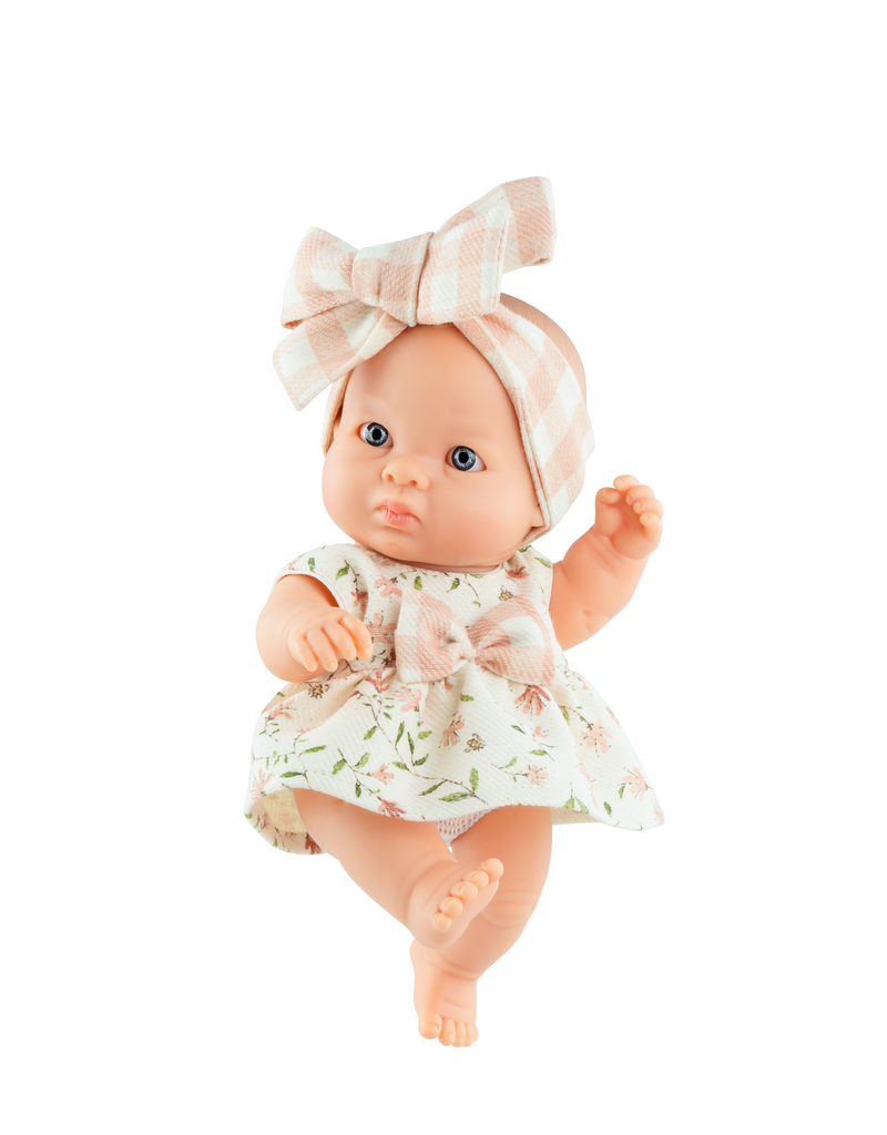 PEQUES DOLL - JANA WITH FLORAL DRESS AND PINK BOW HEADBAND - PAOLA REINA