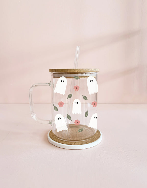 Tasse en verre de style boho avec motifs de fantômes - Mömy | Veille sur toi