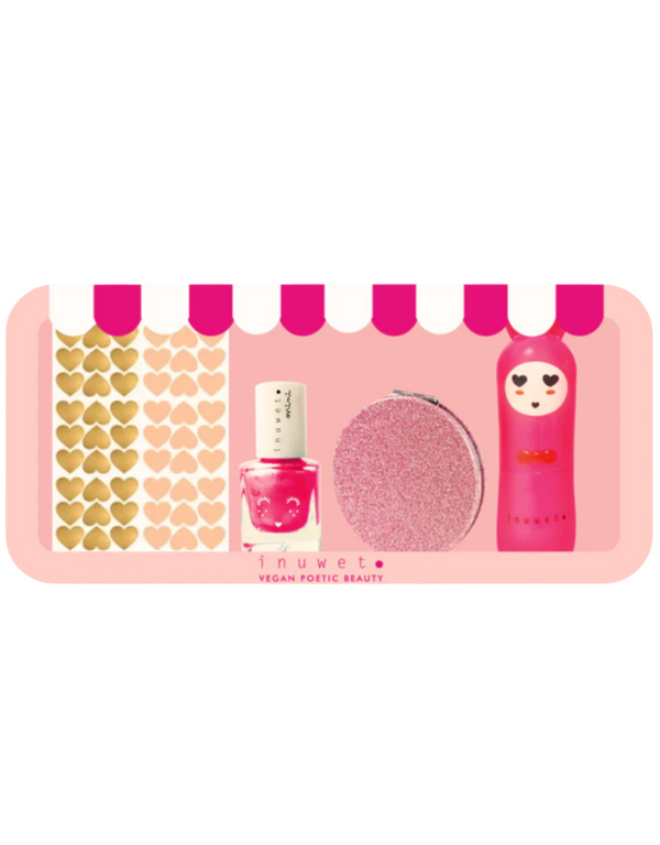 Mini coffret brillant rose - Baume à lèvres cerise, vernis fraise et mirroir de poche - Inuwet