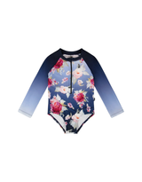 Deux par Deux ⚜ Maillot de bain à manches longues - Bleu avec roses - Deux par deux vendu par Veille sur toi