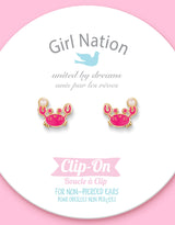 Girl Nation GN-J362s04c Boucles d'oreilles à clip en émail - Crabe avec perle - Girl Nation vendu par Veille sur toi