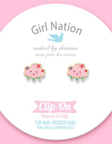 Girl Nation GN-J506s02c Boucles d'oreilles à clip en émail - Nuage rose avec étoiles - Girl Nation vendu par Veille sur toi