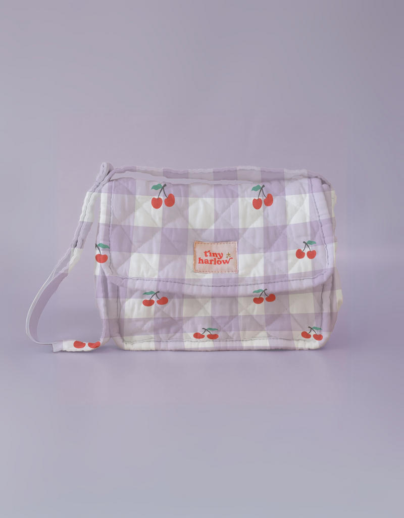 Ensemble Sac à Langer pour Poupée - Vichy lilas et cerise - Tiny Harlow