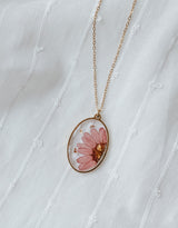 Petitefleur⚜ Petitefleur-73 Collier de fleurs séchées - Ovale doré avec marguerite rose et feuille dorée - Petitefleur vendu par Veille sur toi