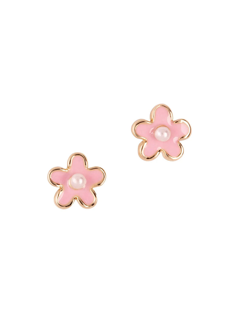 Boucles d'oreilles en émail - Fleur rose avec perle - Girl Nation