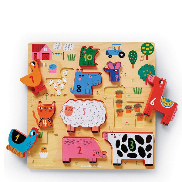 Puzzle en bois enfant 1 an 7 pièces bouton sur le thème vie à la ferme